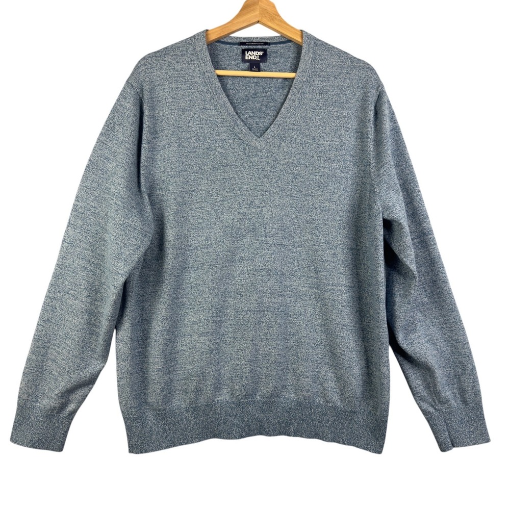 LANDS' END Men's V-neck Sweater Blue Size L 42-44 Long sleeve 100% Cotton Knit